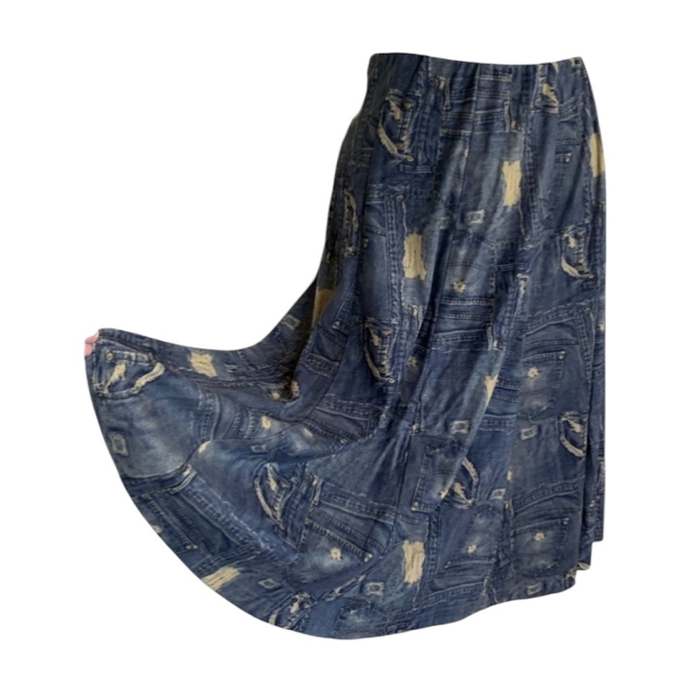 SAGE WEST denim-look skirt, looks like patchwork denim, rodeo, rockabillly. S